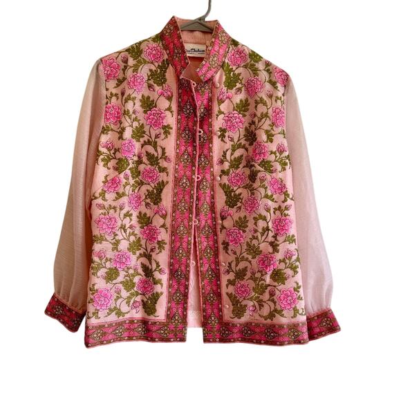 Vintage Hawaiian Miss Shaheen Pink Floral Painted Jacket Size 12 - Picture 1 of 6